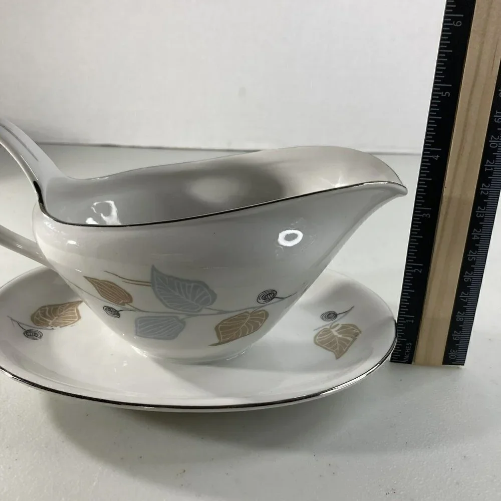 Bavaria Germany Fine China Mid-Century Blue Brown Leaf Gravy Boat Silver Edging